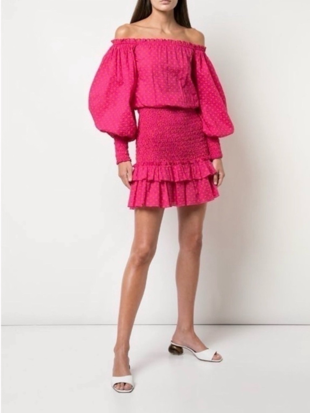 Alexis Marilena Smocked Polka Dot Off Shoulder Ruffle Mini Dress Pink Sz Medium